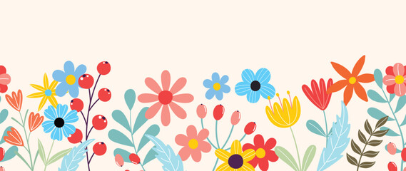 Spring flat flower background vector. Horizontal seamless floral pattern. Botanical art print for Happy Easter, Folk style home decor , Wall decoration, and fabric. 