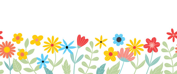 Spring flat flower background vector. Horizontal seamless floral pattern. Botanical art print for Happy Easter, Folk style home decor , Wall decoration, and fabric. 
