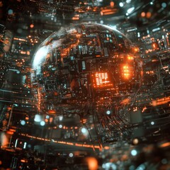 Digital Intelligence: Futuristic AI Core Processing Data Streams Surrounded by Tech Elements and Circuits