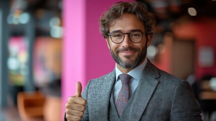 Naklejka premium Man in gray suit with thumbs up in pink setting.