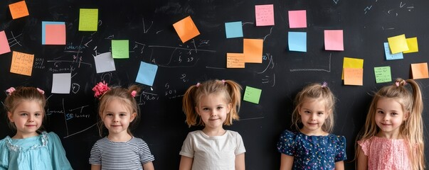 Creative Kids Brainstorming Together for a School Project, Blackboard Filled with Colorful Ideas and Notes, Generative Ai