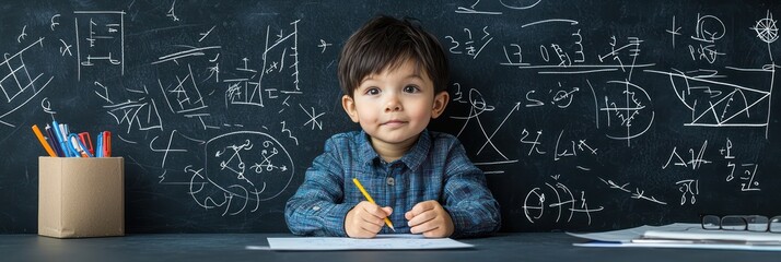 Determined Young Student Successfully Solving Challenging Equation on Classroom Blackboard, Generative Ai