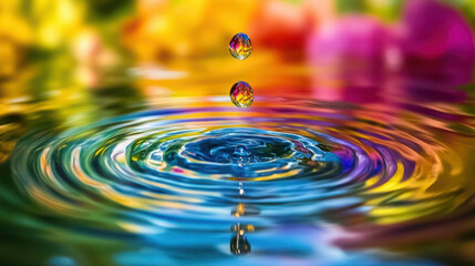 Colorful water droplets creating ripples in a vibrant pool, reflecting a spectrum of rainbow colors and light