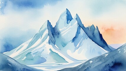 watercolor of A stunning iceberg, surrounded by snow-capped mountains and a vast winter landscape under a clear blue sky