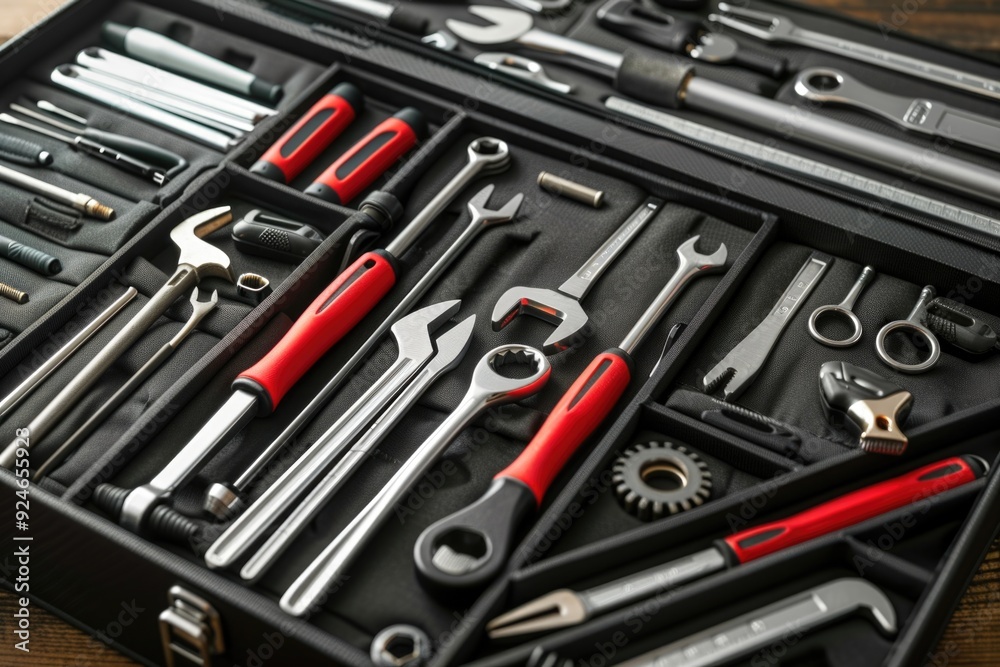 Poster A toolbox filled with various tools on a wooden table