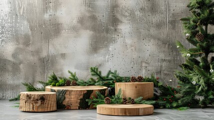 Zero waste eco friendly Green Christmas with wooden podiums and greenery on concrete backdrop