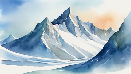 watercolor of A stunning iceberg, surrounded by snow-capped mountains and a vast winter landscape under a clear blue sky