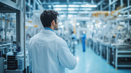Fototapeta premium A factory supervisor in a white lab coat, guiding workers on the production floor, ensuring safety