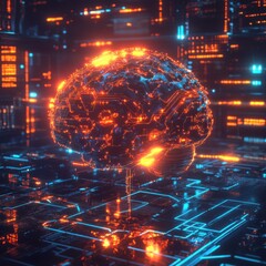 Fototapeta premium Illuminated Futuristic AI Machine Learning Model with Tech Symbols Surrounding Algorithmic Brain