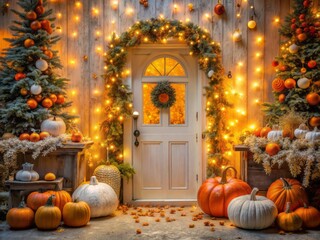 seasonal magic pumpkin wonderland white vintage door magical twinkling lights enchanting whimsical atmosphere nostalgic festive holiday splendor sparkling joy