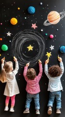 Fototapeta premium Young Artists Creating Cosmic Wonders - Children Drawing Planets and Stars on Blackboard with Galaxy Background, Generative Ai