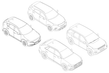 Set of contours different models of cars. Vector flat style illustration. Isometric view car vector illustration. 3D. © German Ovchinnikov