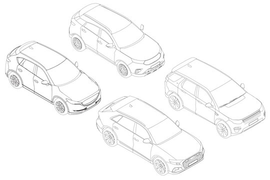Set of contours different models of cars. Vector flat style illustration. Isometric view car vector illustration. 3D.