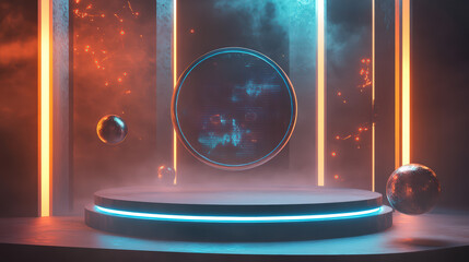 A futuristic scene with a glowing orb in the center