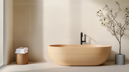 A Japandi bathroom featuring a wooden soaking tub neutral tiles and simple elegant decor for a spa like experience 