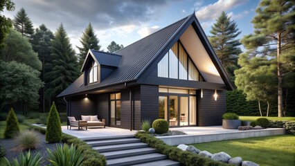 Geometric Hideaway: Sharp angles, modern cottage, monochrome color scheme, structured ambiance, contemporary design