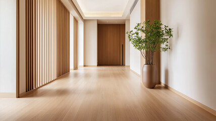 A Japandi hallway with simple wooden flooring neutral walls and elegant minimalistic decor creating a calming ambiance 