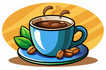 Blue Coffee Cup with Steam and Coffee Beans