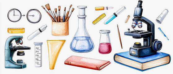 A colorful set of scientific tools and supplies, including a microscope, flasks, and stationery, perfect for educational themes.