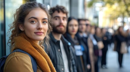 Queue Outdoors. Business People Waiting, Generative AI