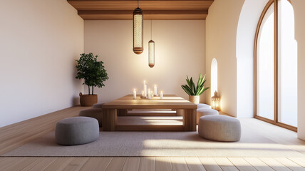 A Moroccan dining room with a low wooden table poufs for seating and a mix of lanterns and candles creating ambient lighting 
