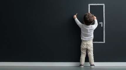 Imaginary Portal - Child drawing a magical door on blackboard with light shining through, creating a sense of wonder and adventure., Generative Ai