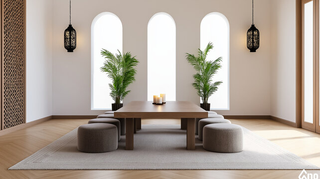 A Moroccan dining room with a low wooden table poufs for seating and a mix of lanterns and candles creating ambient lighting 