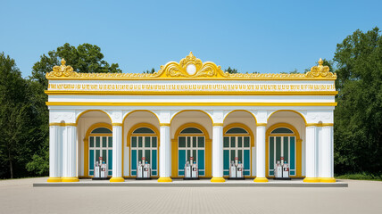 Obraz premium A Rococo gas station featuring elaborate gilded arches intricate detailing and a colorful elegant look making it a standout roadside attraction 