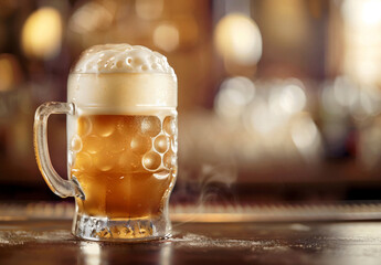 A glass of beer on the bar counter with a blurred background of a night club