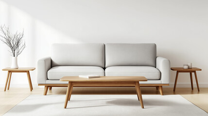 A Scandinavian living room with a light gray sofa wooden coffee table and simple decor creating a clean and modern look 