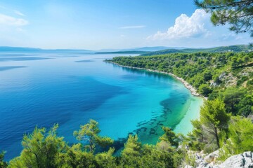A serene ocean view from the beach with calm waters and sun setting in the distance