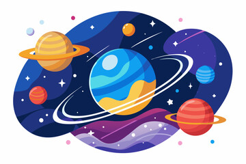 Naklejka premium Colorful Planets with Rings in a Starry Sky