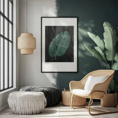 A black and white framed leafy green leafy plant is hanging from the ceiling