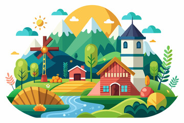 Idyllic Rural Landscape with Farmhouse, Windmill, and Mountains