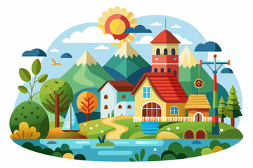 Colorful Illustration of a Village with Mountains, Houses, and a River
