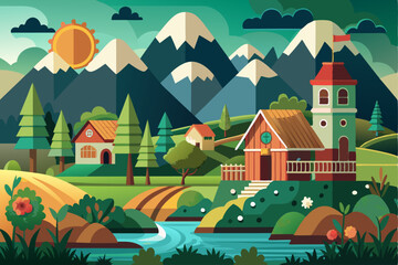 A Colorful, Geometric Landscape with a River, Houses, and Mountains
