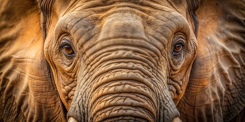 Elephantine Encounter: Intimate close-up of elephant, textured skin, soulful eyes, warm and inviting.