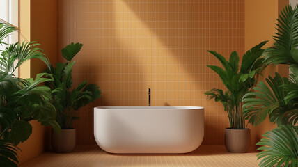 Fototapeta premium A bathroom with Swiss coffee colored tiles a large bathtub and lush green plants creating a spa like environment 