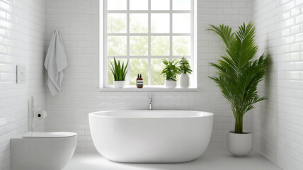 Fototapeta premium A bathroom with vinyl tile flooring white fixtures and natural light offering a practical and clean aesthetic 