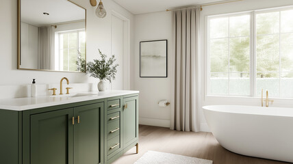 A bathroom with sage green cabinetry white countertops and brass fixtures blending modern and rustic elements 