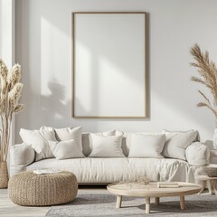 A white living room with a large empty frame on the wall