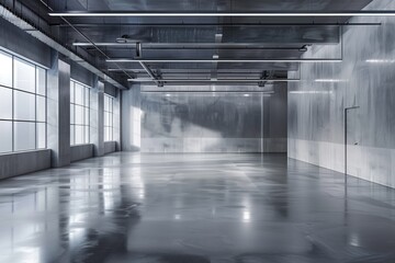 Modern industrial interior of an empty, shiny concrete warehouse with large windows and metal finishes. Concepts of spaciousness, potential commercial use, and industrial architecture.