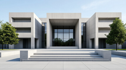 Fototapeta premium A brutalist community center with large blocky forms textured concrete surfaces and open spaces for gatherings and events 