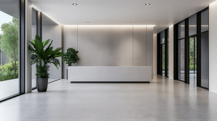 Obraz premium A brutalist dental clinic with geometric concrete forms large glass windows and a minimalist reception area creating a stark yet professional space 