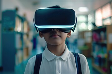 Young boy wearing VR headset in a brightly lit room, immersed in a virtual reality experience. Concepts of education, technology, and immersive learning.