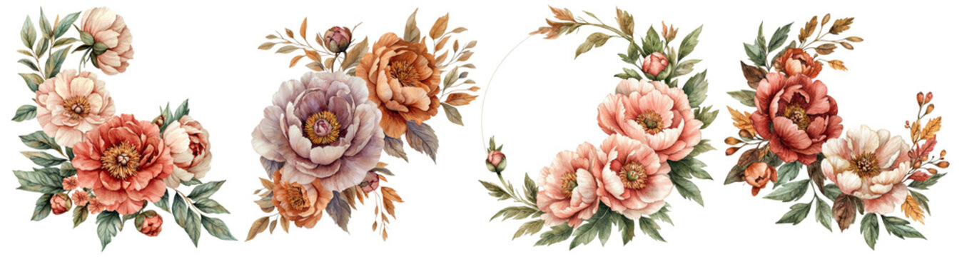 Watercolor Dusty Rose and Terracotta Peony Garland with Copper Oak Leaves Watercolor collection of hand drawn flowers , Botanical plant illustration transparent background, PNG