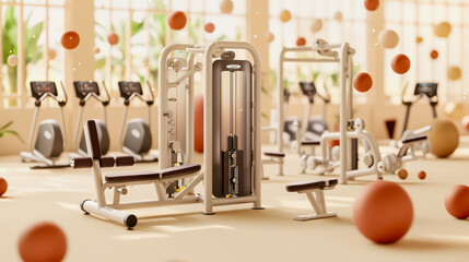 A modern gym interior featuring diverse exercise equipment with a clean, spacious design and vibrant decor for an energized workout.