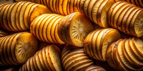 intense macro shot of sliced potatoes revealing intricate textures and patterns illuminated by stark sidelight with deliberate shadows