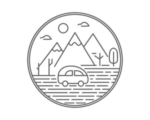 Nature and travel line art boho vector outdoor badge or emblem. Round bohemian logo design. Modern symbol in trendy minimalist lineart style. Perfect for apparel prints or posters.