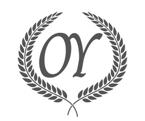 Initial letter O and Y, OY monogram logo design with laurel wreath. Luxury calligraphy font.